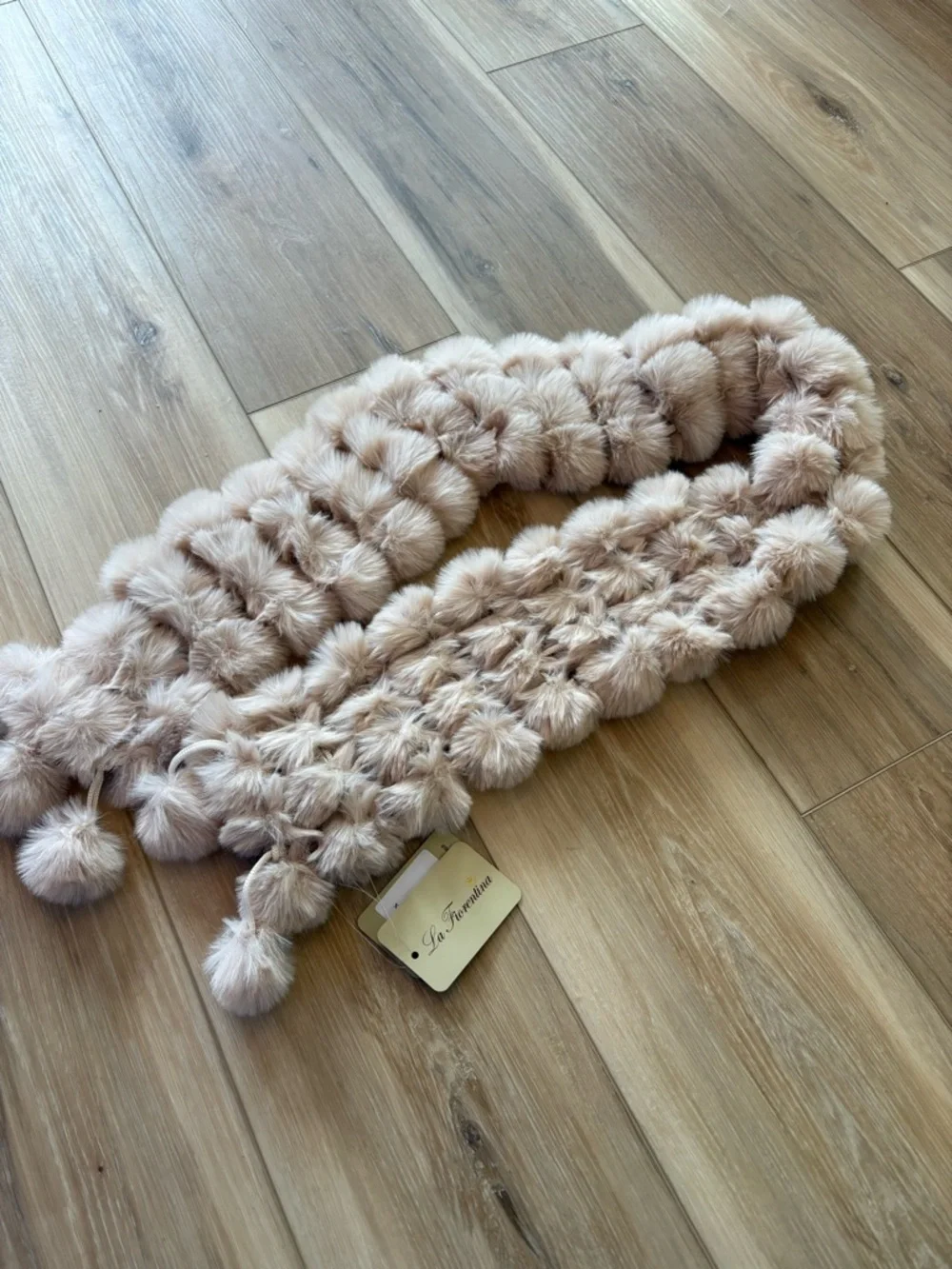 La Fiorentina Beige Faux Fur Pom Pom Scarf Muffler